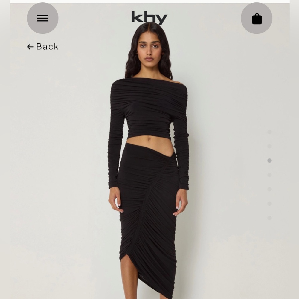 Khy Black Asymmetrical Ruched Top and Skirt Set